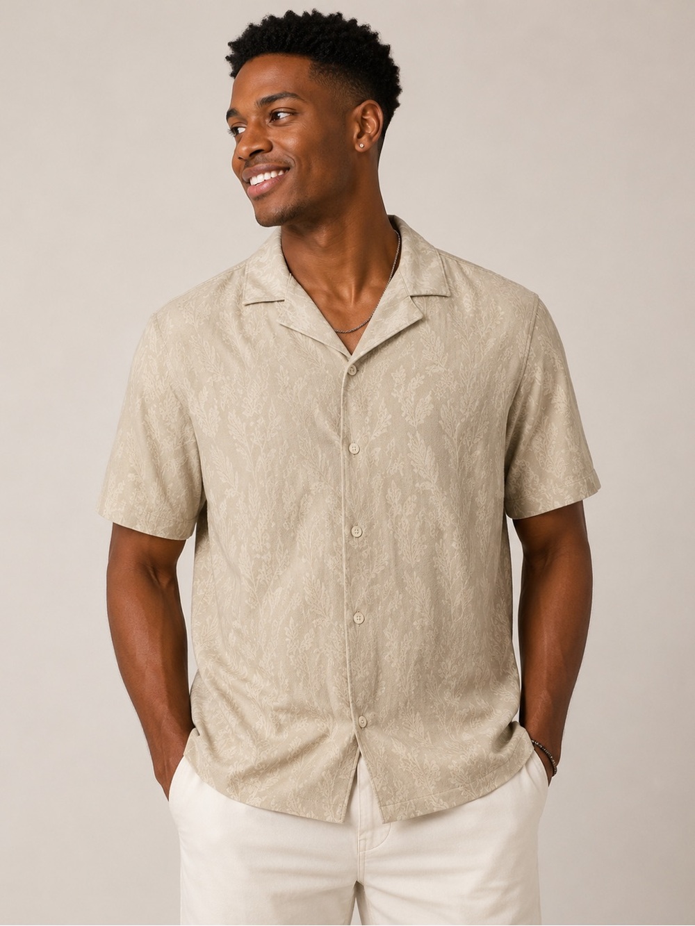 Men's Short Sleeve Button-Down Shirt in Light Beige - Casual Camp Collar